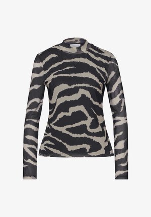 Langermige top van doorschijnende stof met een zwart en beige zebrapatroon. Ontwerp met hoge hals, aansluitende pasvorm en soepele textuur.