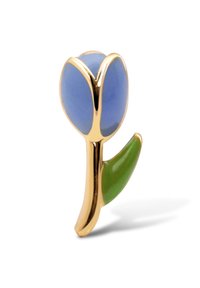 Spilla in oro lucido a forma di tulipano blu con una foglia verde. Finitura liscia e lucida con dettagli intricati dei petali, che mette in risalto il design floreale.