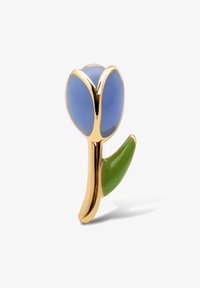 Pin de tono dorado en forma de un tulipán azul con una hoja verde. Acabado suave y brillante con un detallado intrincado en los pétalos, que enfatiza el diseño floral.