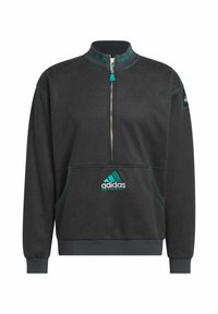 Felpa nera con zip a quarto, colletto a coste, dettagli verdi, tasche frontali e logo stampato sul petto e sulla manica.