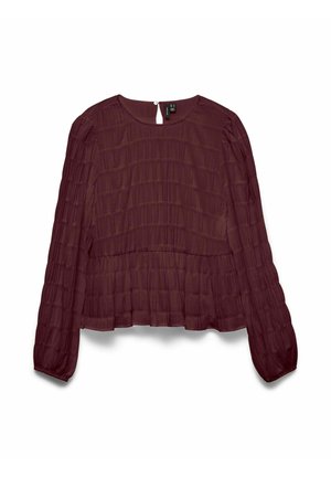 Blouse long à manches longues bordeaux foncé avec un design texturé plissé, col rond et une petite fermeture à bouton au dos.