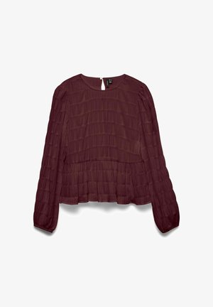 Temno burgundska bluza z dolgimi rokavi z teksturiranim, nabranim dizajnom, okroglim izrezom in majhno zanko na hrbtni strani.