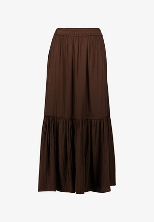 Brauner Midirock mit gerafftem Bund, gestuftem Rüschensaum und einem strukturierten, leichten Stoff. Lässige und fließende Silhouette.