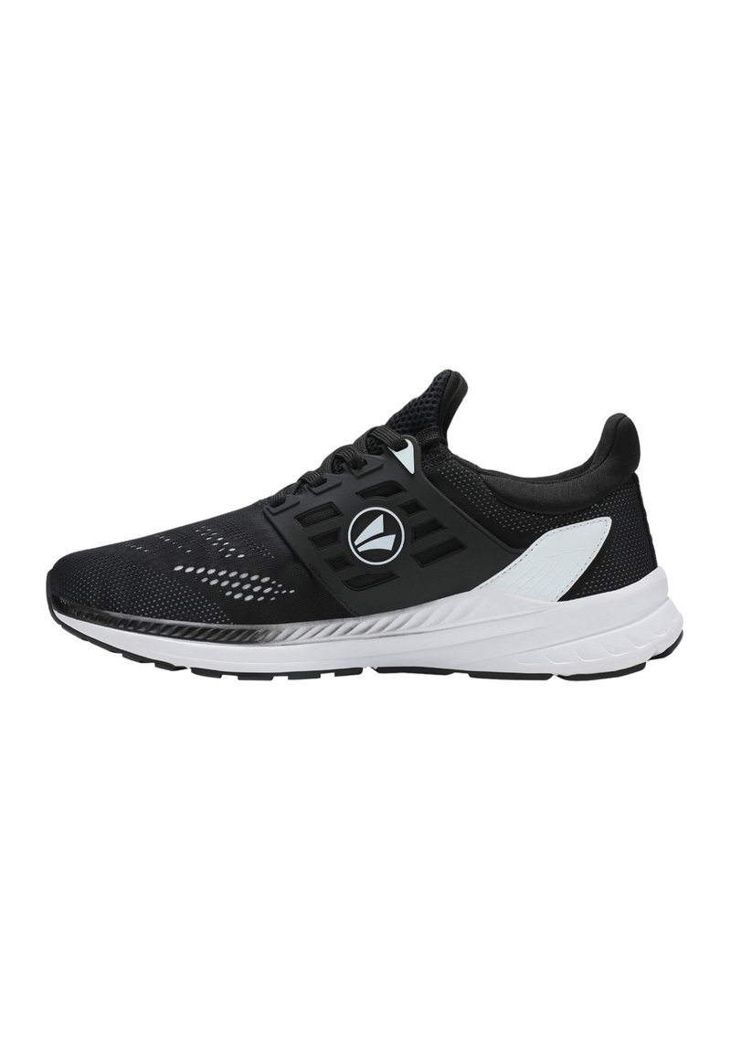 Scarpe sportive nere con tomaia in rete, motivo texturizzato, dettagli bianchi e suola piatta in gomma. Presentano un logo a contrasto sul lato.