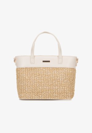 Woven straw and white synthetic bag with dual sturdy handles, featuring a textured surface and a branded metallic accent on the front.