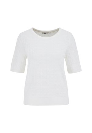 Biały sweter z krótkim rękawem o teksturowanym wzorze, okrągłym dekoltem oraz prążkowanym ściągaczem u dołu i na mankietach. Wykonany z miękkiego, lekkiego materiału.