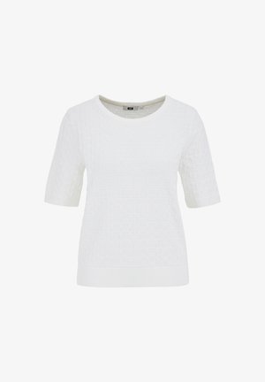 Biały sweter z krótkim rękawem o teksturowanym wzorze, okrągłym dekoltem oraz prążkowanym ściągaczem u dołu i na mankietach. Wykonany z miękkiego, lekkiego materiału.