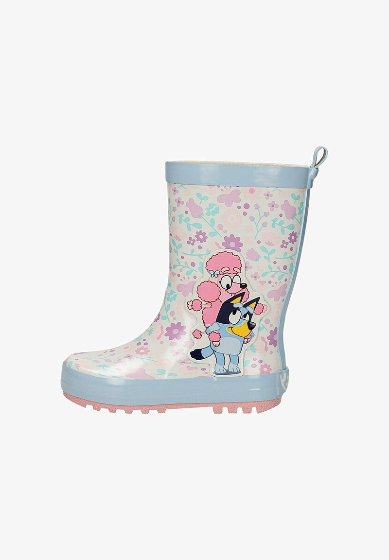 Botte de pluie pastel pour enfants avec motif floral et personnages de dessins animés, comprenant un caniche rose et un chien bleu, avec une bordure bleu clair et une semelle rose.