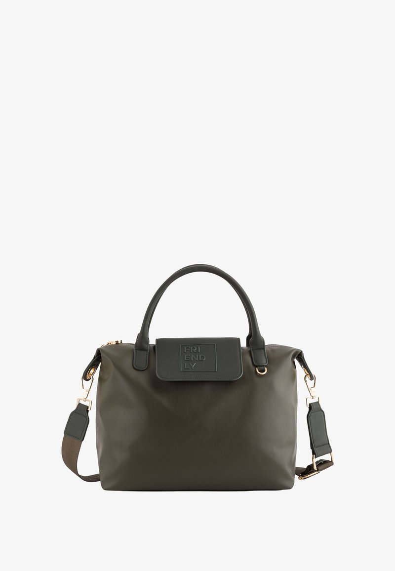 Oliwkowa torebka na górnych uchwytach, z odpinanym paskiem na ramię oraz przednią klapą wytłoczoną z napisem "PRZYJAZNY".