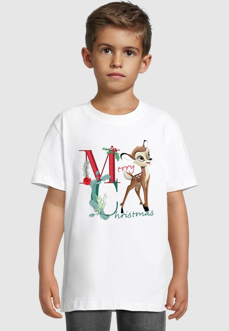 Bílý bavlněný tričko s barevným grafikou "Veselé Vánoce" s ilustrací jelena, doplněné květinovými prvky a živými písmeny.