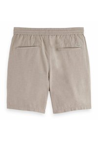 Beige Leinen-Shorts mit einem elastischen Bund, ausgestattet mit zwei Gesäßtaschen und einer dezenten Textur. Einfaches, funktionales Design ohne Muster.