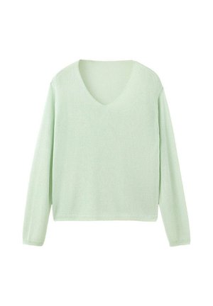 Pull tricoté vert clair à manches longues avec col en V et ourlet et poignets côtelés, présenté sur fond blanc.