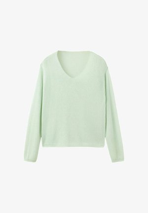 Pull tricoté vert clair à manches longues avec col en V et ourlet et poignets côtelés, présenté sur fond blanc.