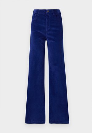 Pantalones de pana azul de corte acampanado con cierre de botones en la parte delantera, dos bolsillos frontales y una textura suave. Presenta un corte clásico y un dobladillo liso.