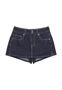 Shorts en denim foncé avec une taille ajustée, fermeture à bouton et poches avant. Présente des coutures dorées contrastantes et une légère forme évasée.