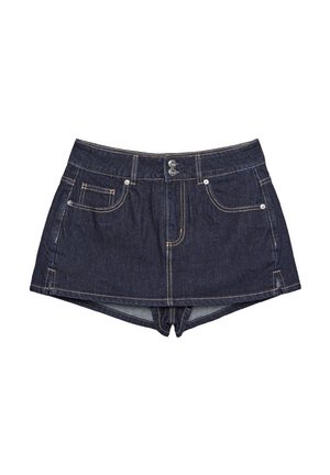Shorts en denim foncé avec une taille ajustée, fermeture à bouton et poches avant. Présente des coutures dorées contrastantes et une légère forme évasée.