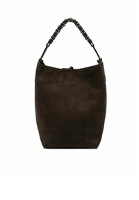 Bruine suede hobo tas met een gebogen bovenkant en een stevige kettinghandgreep. Bevat een gladde textuur en een minimalistisch ontwerp.