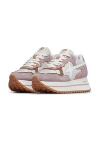 Sneakers featuring a mix of light pink suede and white mesh, with a white star logo, textured rubber sole, and white laces.