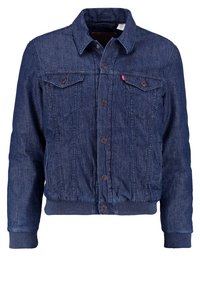 Giacca in denim blu scuro con maniche lunghe, chiusura a bottoni, due tasche sul petto, polsini e vita a costine, caratterizzata da un taglio classico e dettagli cuciti.