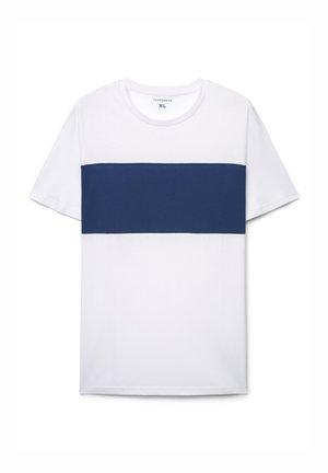 Maglietta bianca in cotone con una fascia orizzontale blu navy sul petto. Scollo tondo e maniche corte. Taglia XL.