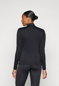 Long-sleeve athletic top in black, featuring a high collar and smooth fabric. Shown from the back, with a fitted silhouette.