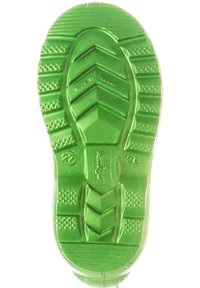 Groene rubberen zool met een zigzag-loopvlak, getextureerd oppervlak en productiedetails die op de onderkant zijn gestempeld.