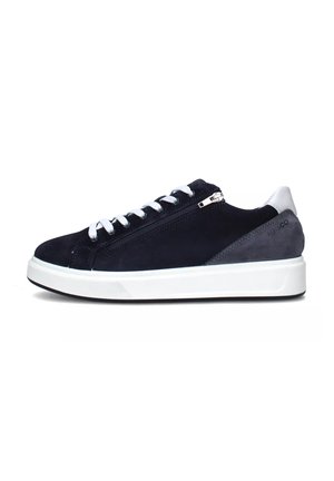 Sneakers in suede navy con lacci bianchi, zip laterale, dettagli in suede grigio e suola in gomma bianca. Punta arrotondata e design minimalista.