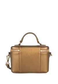 Borsa metallica oro realizzata in pelle testurizzata. Presenta una maniglia superiore, una tracolla rimovibile e doppie zip sul davanti.