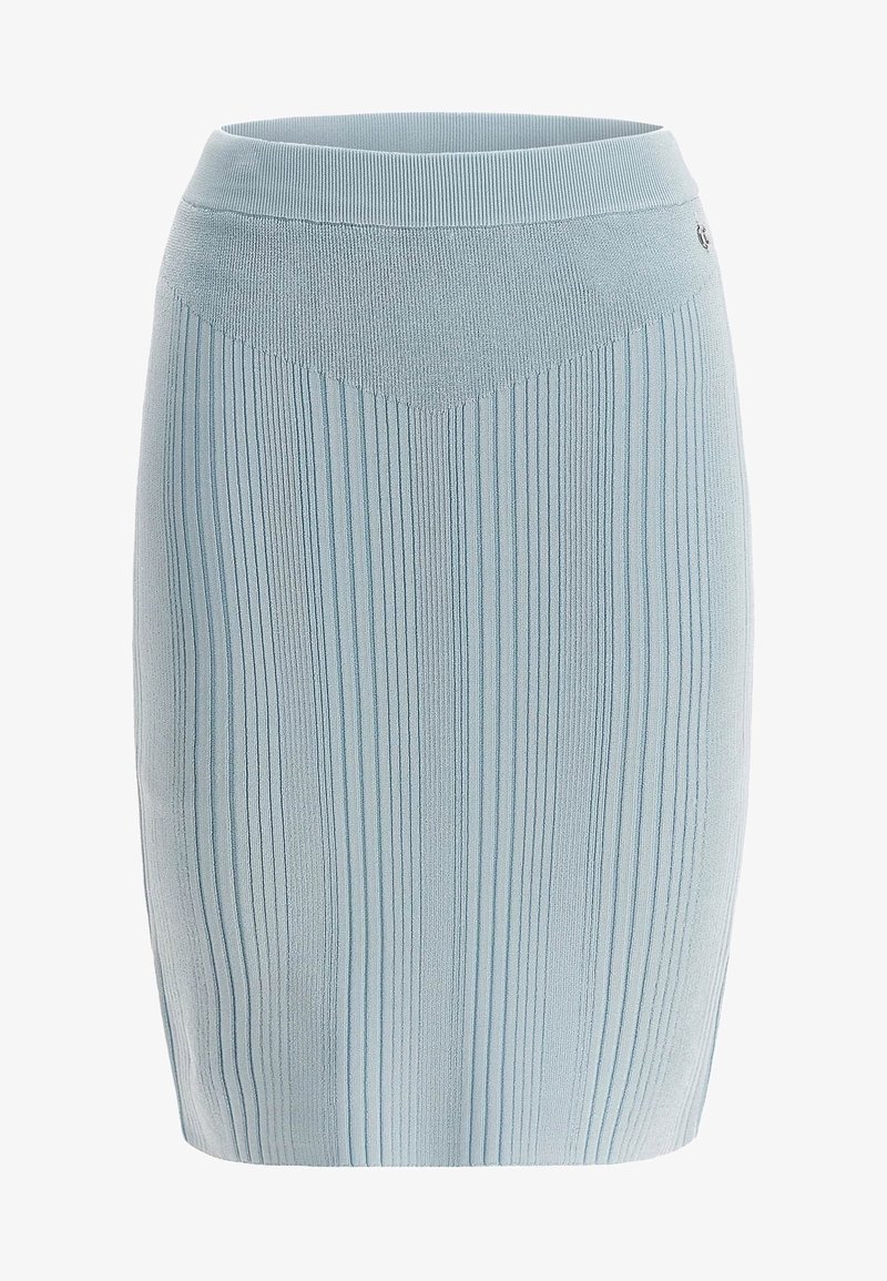 Jupe crayon bleu clair côtelée avec une coupe ajustée et une large ceinture. Présente des lignes verticales pour la texture et un motif géométrique subtil.