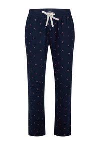 Luchtige broek in marineblauw gemaakt van zachte stof, voorzien van een trekkoord in de taille en roze patronen over het hele oppervlak. Rechte pijpen.