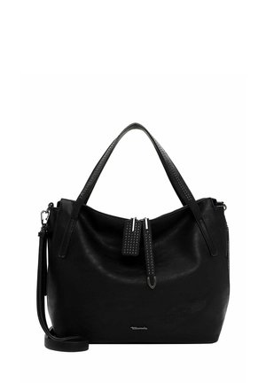 Sac à main en cuir noir avec des poignées supérieures doubles, une bandoulière amovible, un tirette de zip clouté et une finition lisse et texturée.