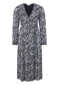Langärmliges Wickelkleid in marineblauem und weißem Zebrastreifen. Mit tiefem V-Ausschnitt, weichem Stoff und einem gebundenen Taillengürtel, der die Silhouette betont.
