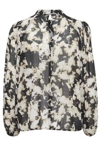 Blusa in tessuto leggero con stampa astratta nera, bianca e beige. Maniche lunghe con polsini arricciati e apertura a chiave sul retro.