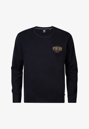 Langärmliges navy T-Shirt aus Baumwolle mit einem Frontdruck in Gold, auf dem "PTR'L89" steht. Rundhals und weicher Stoff.