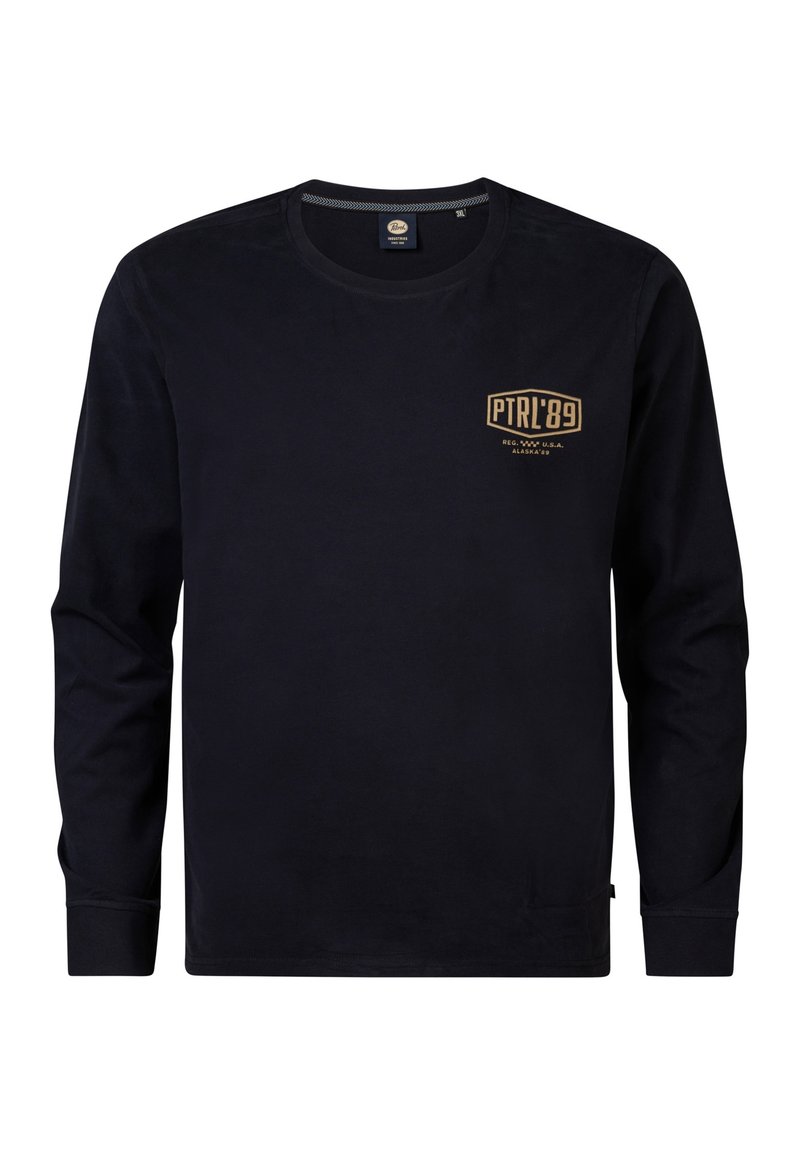 Langärmliges navy T-Shirt aus Baumwolle mit einem Frontdruck in Gold, auf dem "PTR'L89" steht. Rundhals und weicher Stoff.