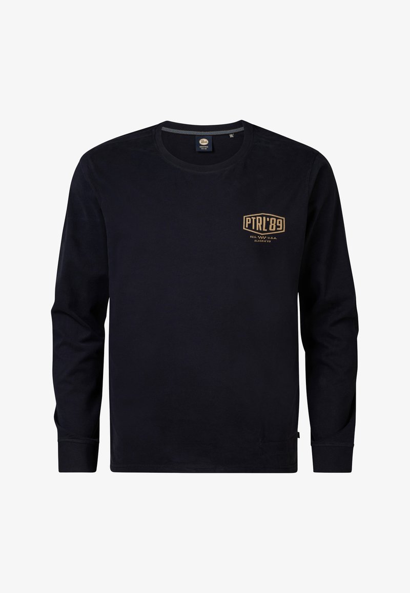 Langärmliges navy T-Shirt aus Baumwolle mit einem Frontdruck in Gold, auf dem "PTR'L89" steht. Rundhals und weicher Stoff.