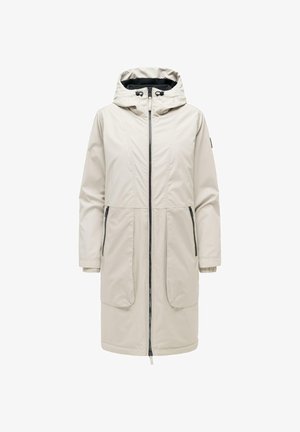 Lang beige hettejakke for vinter med frontglidelås, to glidelåslommer på sidene og justerbare snorer på hetten.