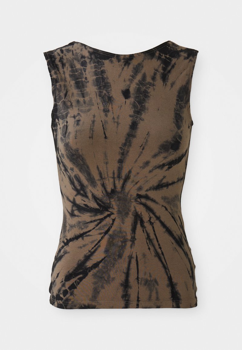 Sleeveless brown tank top with black tie-dye spiral pattern centered on the back.