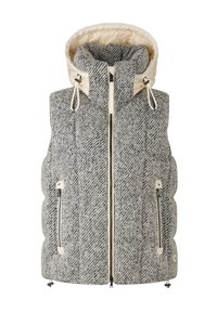 Szary i biały puchowy kamizelka z tkaniny tweed, z odpinanym jasnobeżowym kapturem, z zamkami błyskawicznymi z przodu oraz detalami kieszeni po bokach. Teksturowany, ocieplany design.