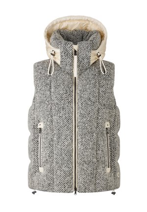 Szary i biały puchowy kamizelka z tkaniny tweed, z odpinanym jasnobeżowym kapturem, z zamkami błyskawicznymi z przodu oraz detalami kieszeni po bokach. Teksturowany, ocieplany design.