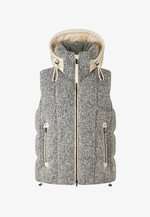 Szary i biały puchowy kamizelka z tkaniny tweed, z odpinanym jasnobeżowym kapturem, z zamkami błyskawicznymi z przodu oraz detalami kieszeni po bokach. Teksturowany, ocieplany design.