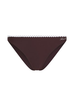 Slip bikini marrone scuro con bordatura bianca smerlata in vita e piccola firma "Karl" bianca sul lato destro.