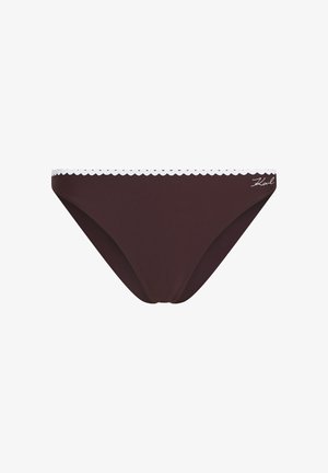 Slip bikini marrone scuro con bordatura bianca smerlata in vita e piccola firma "Karl" bianca sul lato destro.