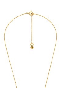 Gouden ketting met een delicate schakels ontwerp, een ronde sluiting en een kleinere hangketting met een klein bedeltje aan het einde.
