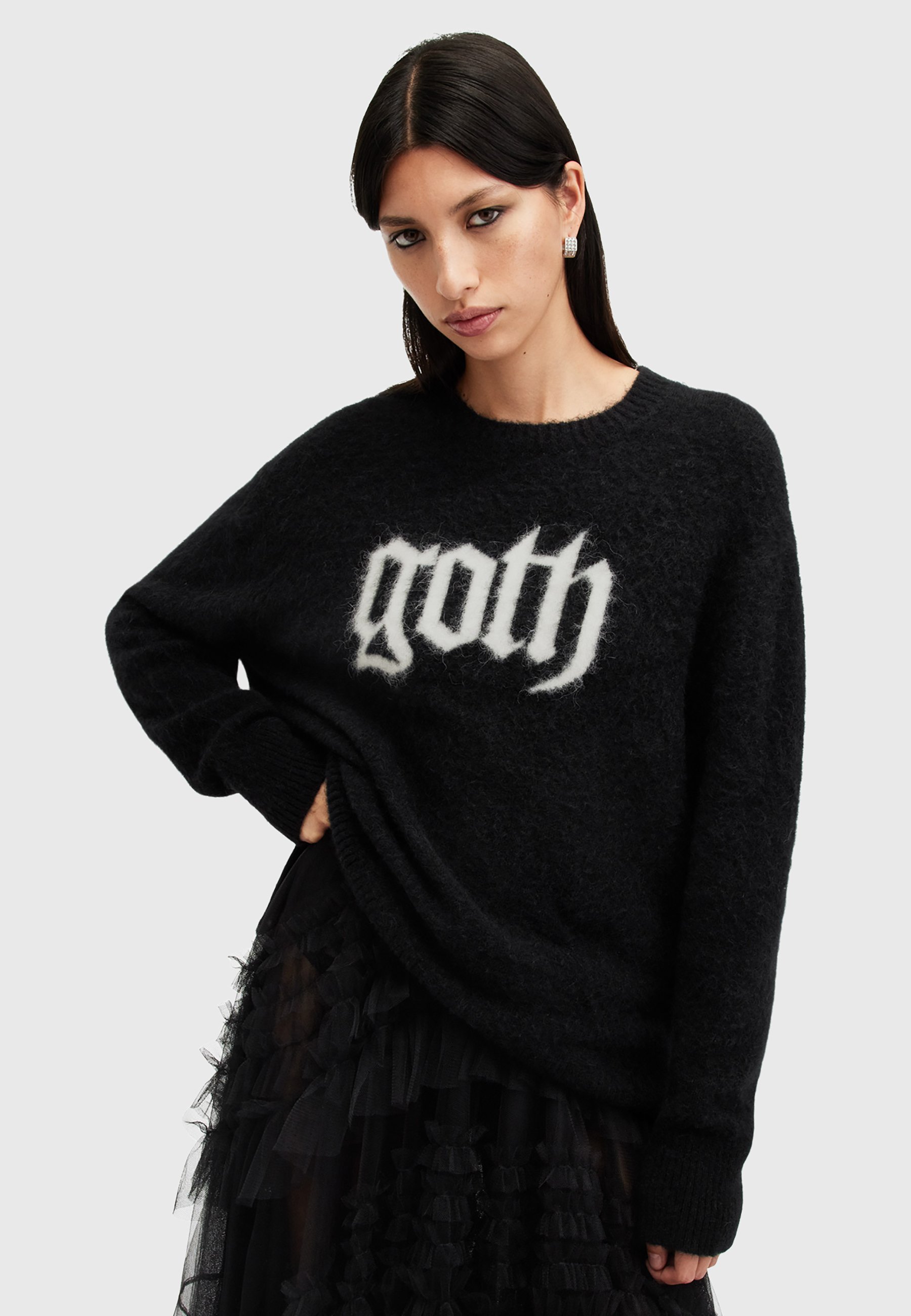 Maglione Oversize Girocollo Maniche Lunghe Moda Gotica Grunge Punk Motivo Halloween 2025 Pullover Invernale Top(Gray,Small