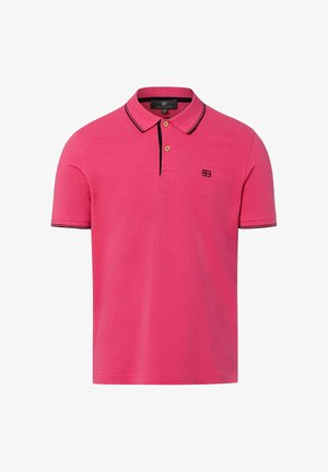 Herren-Poloshirt in Rosa mit schwarzem Besatz an Kragen und Ärmeln, zwei Holzknoepfen und kleinem schwarzen gesticktem Logo auf der Brust.