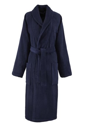 Peignoir long bleu marine avec col châle, ceinture à nouer, manches longues et deux poches plaquées à l'avant.