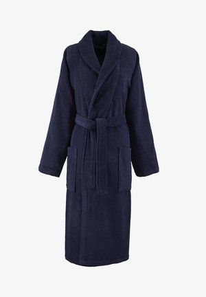 Navy blue long bathrobe with shawl collar, belt tie, long sleeves, and two front patch pockets.