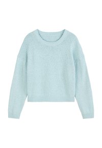 Ljust blå, stickad tröja med en texturerad yta, rund halsringning och långa ärmar. Kort design med ribbade mudd och nederkant.