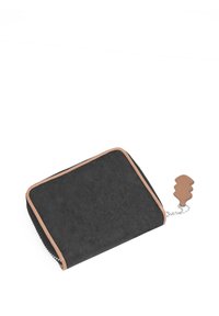 Black wallet with a textured finish, brown leather accents, rounded edges, and a leaf-shaped zipper pull attached by a chain.